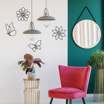 Hotop 6 Pieces Metal Butterfly Wall Decor Metal Wall Art Heart Hanging Decorations Wire Flowers Decals Decor for Kitchen Bathroom Indoor Outdoor Wedding Birthday Party(Stylish,Black)