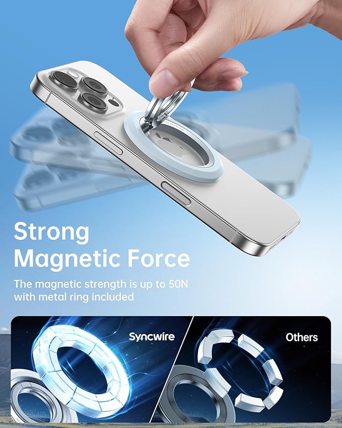 SYNCWIRE for MagSafe Ring Phone Holder, 360° Rotation Magnetic Cell Phone Grip Dual-Sided Magnets Phone Ring Kickstand Compatible with iPhone 17 16 15 14 13 12 Pro Max MagSafe, Android, Samsung etc.