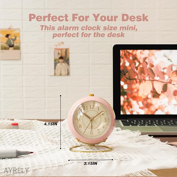 AYRELY® Battery Operated Desk Alarm Clock with Light,Silent No Ticking,Small Table Clock for Bedside/Bedroom/Living Room/Office/Travel/Kids/Room Decor Aesthetic Vintage(Pink)