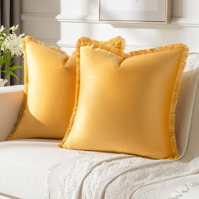 FUTEI Orange Velvet Decorative Throw Pillow Covers 16x16 Set of 2,Soft Cozy Edge with Tassels Cushion Case,Boho Modern Home Decor for Couch Bed Living Room