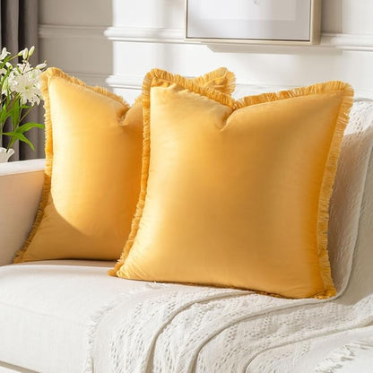 FUTEI Orange Velvet Decorative Throw Pillow Covers 24x24 Set of 2,Soft Cozy Edge with Tassels European Cushion Case,Boho Modern Home Decor for Couch Bed Living Room