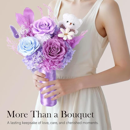 Preserved Flowers Bouquet with Bear, 3 Real Forever Flowers for Delivery, Long-Lasting Purple Eteranl Roses Bouquet, Anniversary Birthday Valentine Gifts for Women Mom Grandma Her Wife Girlfriend