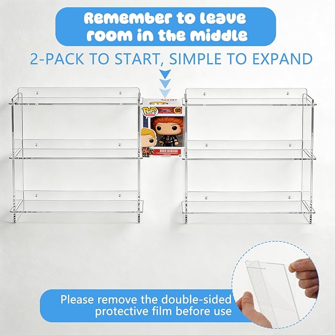 2 PCS Wall Display Shelves Compatible with 21 Funko Pop in Box Acrylic Floating Display Shelves Clear Tiered Display Shelf for Collectibles Stackable Action Figure Stand for Boxed Figures Display Case