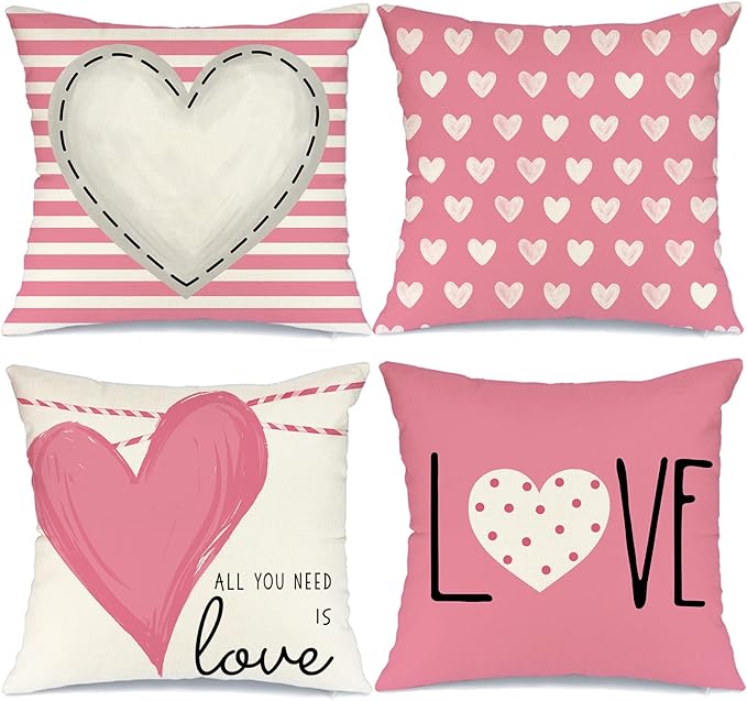GEEORY Valentines Day Pillow Covers 18X18 inch Set of 4 for Valentines Decor Pink White Stripes Dots Love Heart Valentines Day Throw Pillows Decorative Cushion Cases Valentine Decorations
