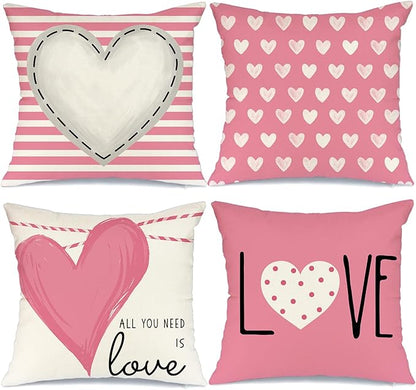 GEEORY Valentines Day Pillow Covers 18X18 inch Set of 4 for Valentines Decor Pink White Stripes Dots Love Heart Valentines Day Throw Pillows Decorative Cushion Cases Valentine Decorations