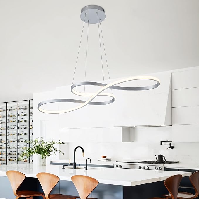 Modern LED Chandelier Dining Room Pendant Light Dimmable Creative Chandelier Remote Control Color/Brightness 3000-6000K Adjustable Hanging Lamp for Bedroom Living Room Kitchen 50W (Silver)