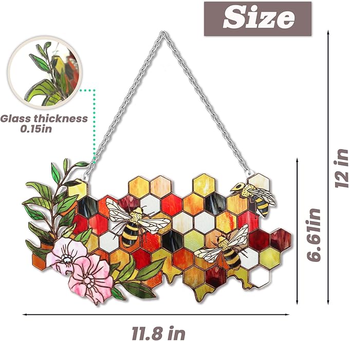Stained Glass Suncatchers for Windows, Enlarged Stained Glass Window Hanging with Metal Chain, Garden Suncatchers for Home Decor, Garden, Patio, Gift for Nature and Bee Lovers