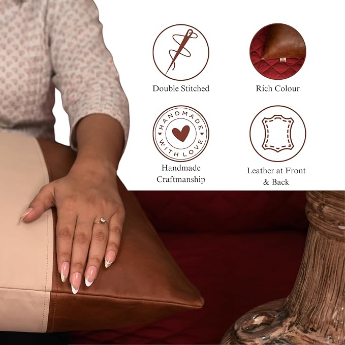 Lambskin Leather Pillow Cover - Sofa Cushion Case - Decorative Throw Covers for Living Room & Bedroom, 18x18 Inches - Tan & Off - White Plain Pack of 1
