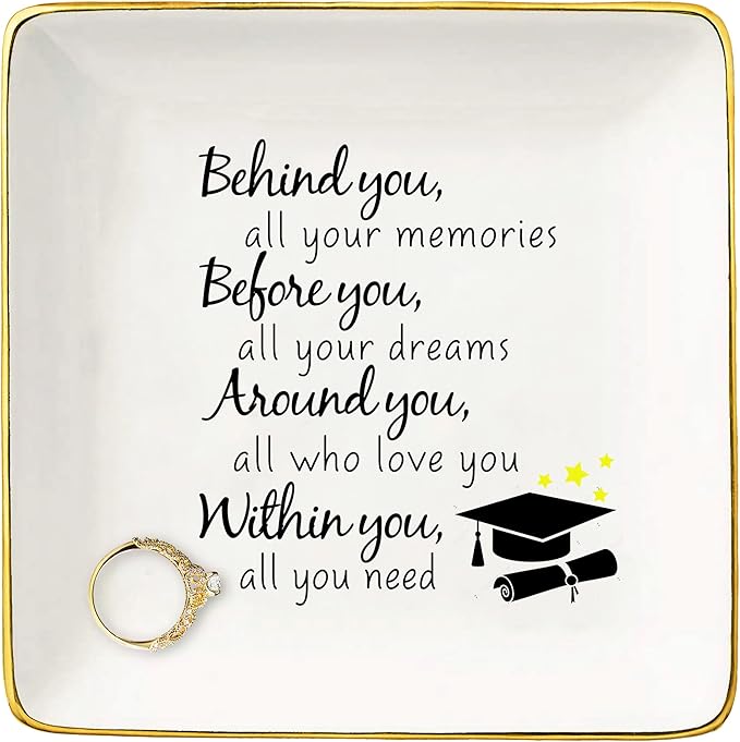Topthink Behind You All Memories Before You All Your Dreams– Ceramic Jewelry Holder Ring Dish Trinket Box Tray – Inspirational Graduation Gifts For Girls Daughter Sister Niece Best Friends BFF