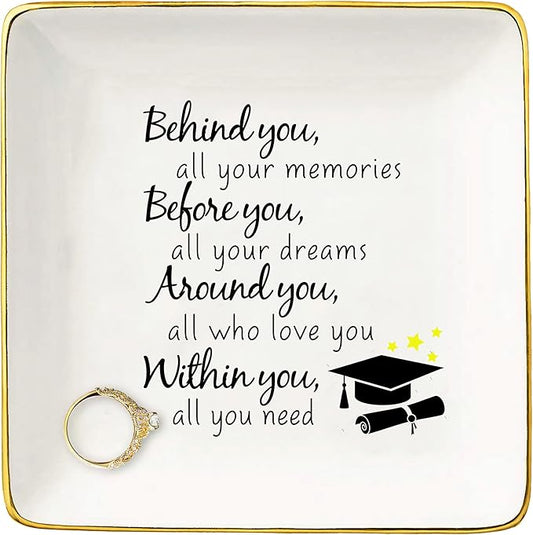 Topthink Behind You All Memories Before You All Your Dreams– Ceramic Jewelry Holder Ring Dish Trinket Box Tray – Inspirational Graduation Gifts For Girls Daughter Sister Niece Best Friends BFF