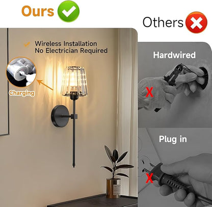 Battery Operated Crystal Wall Sconces Set of 2, Black Wireless Wall Sconce with USB Rechargeable LED Light Bulbs 12 Colors Dimmable Crystal Wall Lamp with Remote for Bedroom Living Room Bulbs Included