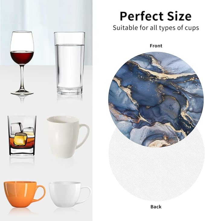 Navy Blue Marble Abstract Coaster Set of 4 Stone Texture Cup Coasters for Drinks Waterproof Wipeable PVC Round Coasters Mat for Coffee Beer Wine Outdoor Patio Table Bar Desk Seasonal Desk Decor