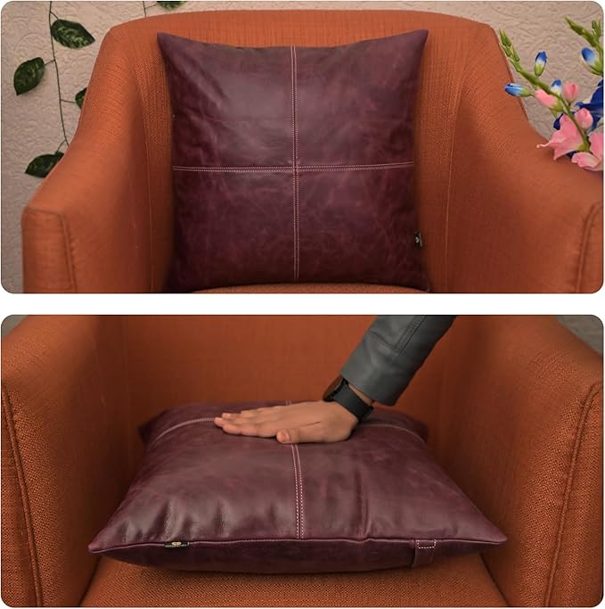LL LEATHER LOVERS Lambskin Leather Pillow Cover - Sofa Cushion Case - Decorative Throw Covers for Living Room & Bedroom, 22x22 Inches - Pink Maroon Plain Pack of 2