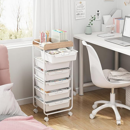 Rolling Storage Utility Cart With 6 Drawers,Art Supply Craft Organizer,Sewing Makeup Organizer And Storage,Office Organization Wooden Tabletop,White