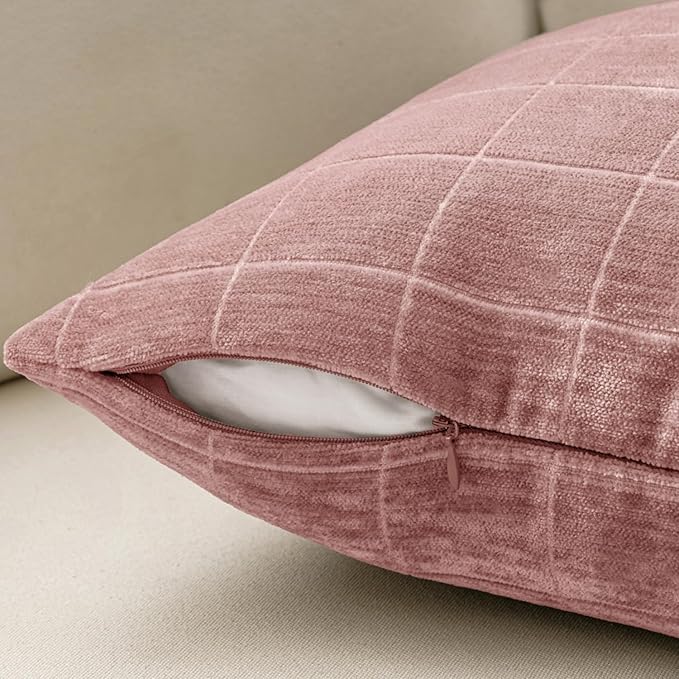 MIULEE Valentines Decorative Chenille Throw Pillow Covers Vintage Plaid Couch Pillows 18x18 Inch Set of 2 Boho Farmhouse Cushion Covers Modern Spring Home Decor for Sofa Bed Living Room Blush Pink