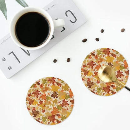Fall Maple Leaves Coaster Set of 4 Autumn Cup Coasters for Drinks Thanksgiving Harvest Waterproof Wipeable PVC Round Coasters Mat for Coffee Beer Wine Outdoor Patio Table Bar Desk Seasonal Desk Decor