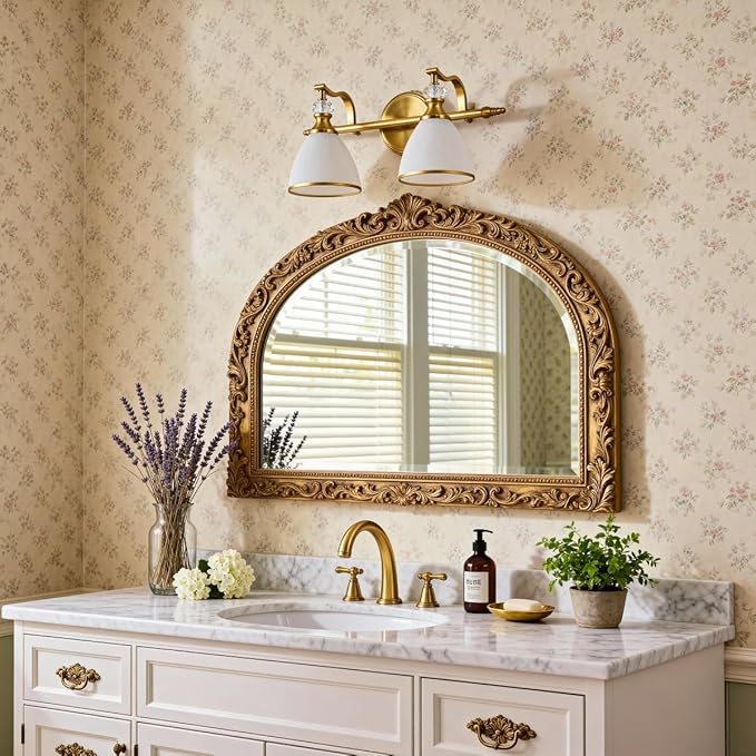 ANDY STAR Gold Vanity Light, 2-Light Brushed Gold Bathroom Light Fixtures, Vintage Bathroom Light with Milky White Bell Glass Shades, Eye-Friendly Wall Sconce for Mirror, Kitchen, Bedroom, Hallway