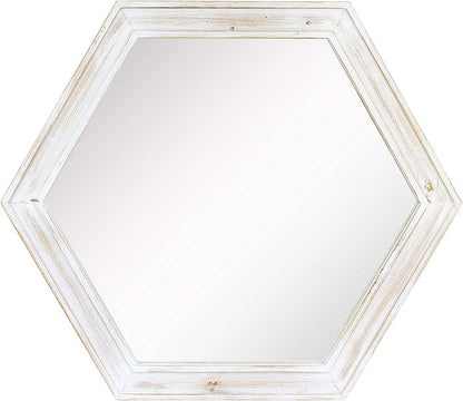Stonebriar Decorative 24" Hexagon Wall Mirror with Worn White Wood Frame and Attached Hanging Bracket, Decorative Country Rustic Decor for the Living Room, Bedroom, Bathroom, Hallway, and Entryway
