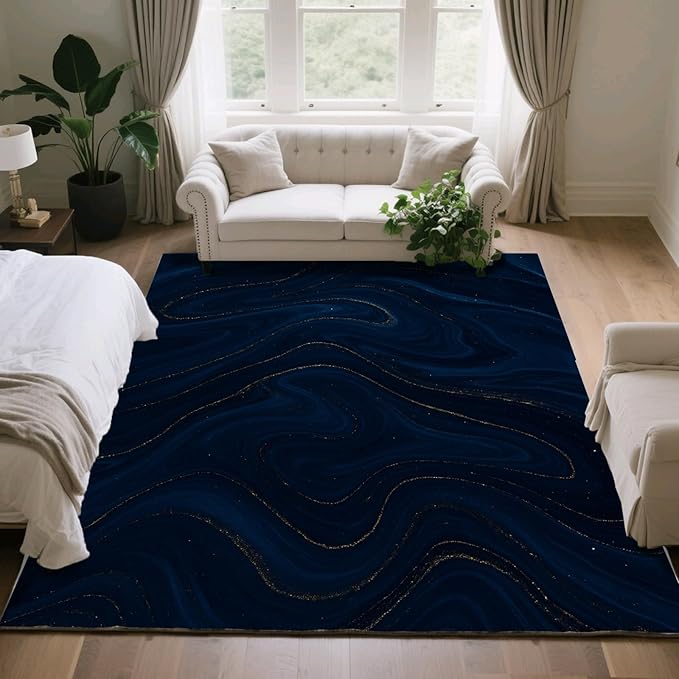 Luxury Marble Rug - 5x6 Area Rug, Navy Blue Marble Area Rugs, Modern Abstract Carpet, Washable & Non Slip & Soft Rugs Home Decor