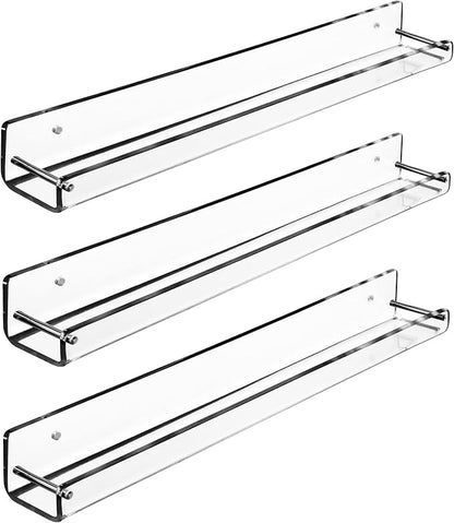 AMT 3 Pack Acrylic Floating Shelves, 15 L x 1.8 W, Clear Bathroom Wall Shelf, Bookshelves, Invisible Display for Office, Bedroom, Small Gap Allows Water to Escape, Free Screws & Drill Bit (Small)