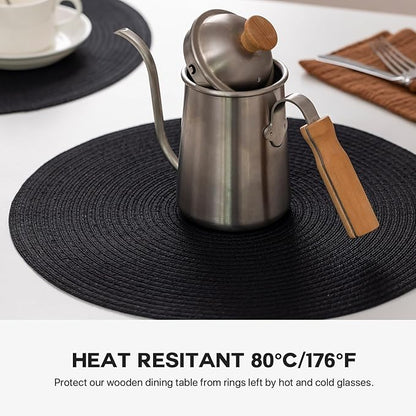 Round Placemats Set of 6 Woven Placemats Washable Braided Table Mats for Dining Table Heat Resistant Non-Slip Circle Place Mats(Black)