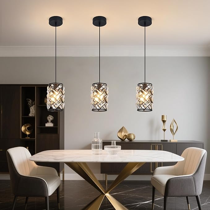 3 Pack Black Pendant Lights Kitchen Island, Kitchen Island Dining Room Light Pendant Lighting Fixtures High end Crystal Chandelier Over Island Table Modern Hanging Light for Bar Dining Room