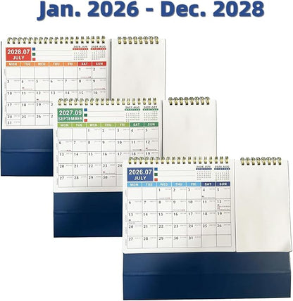Desk Calendar Jan 2026 - Dec 2028, 10.43" x 7.3" Standing Flip 3-Year Desktop Calendar Monday Start with Memo Pad Golden Wire-Binding, Holiday Markings & 2 Sticker Sheets