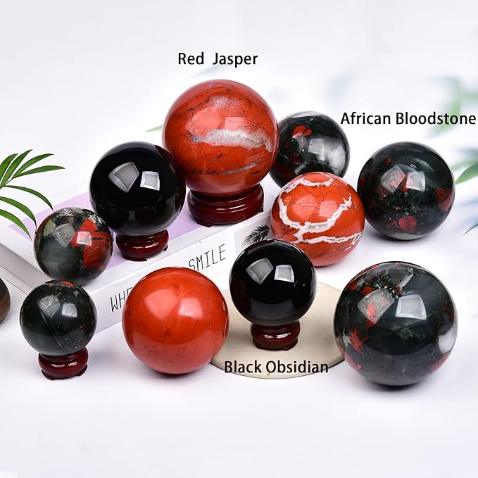 JIC Gem African Bloodstone Crystal Ball Natural Quartz Crystal Sphere Stone Ball with Wooden Base (70-80mm)