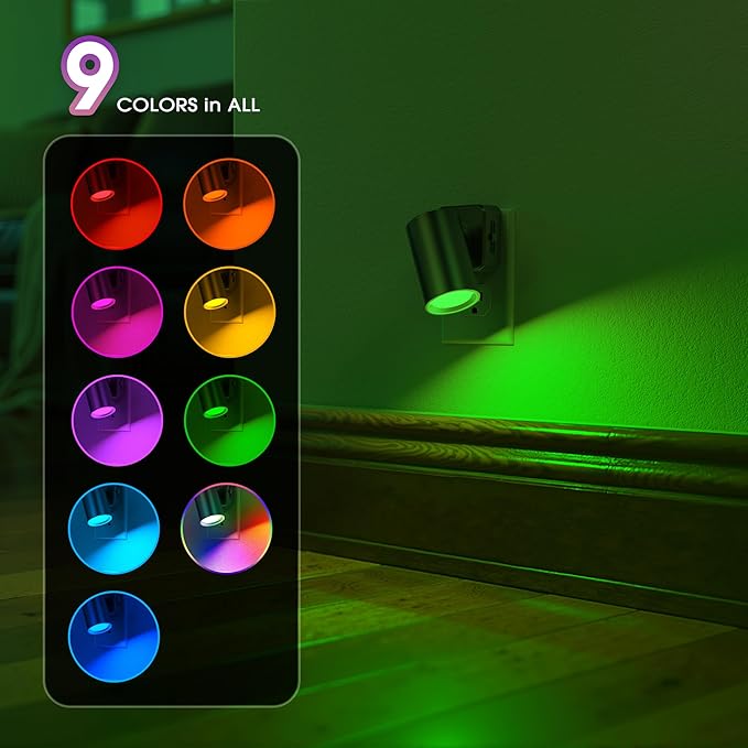 Briignite Night Lights Plug into Wall, 320° Rotation Night Light, RGB Color Changing Nightlight, Spot Light Dimmable Brightness, Dusk to Dawn Nightlight for Bedroom, Spot Light, Kids Room, Stair