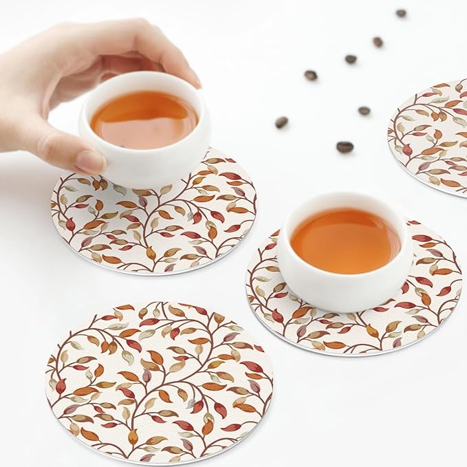 Fall Leaves Coaster Set of 4 Autumn Cup Coasters for Drinks Thanksgiving Harvest Waterproof Wipeable PVC Round Coasters Mat for Coffee Beer Wine Outdoor Patio Table Bar Desk Seasonal Desk Decor