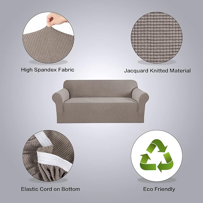 H.VERSAILTEX Stretch Sofa Covers for 3 Cushion Couch Slip Covers for Sofas/Couches Feature Thick Checked Jacquard Fabric with Elastic Bottom, Sofa Large - Taupe