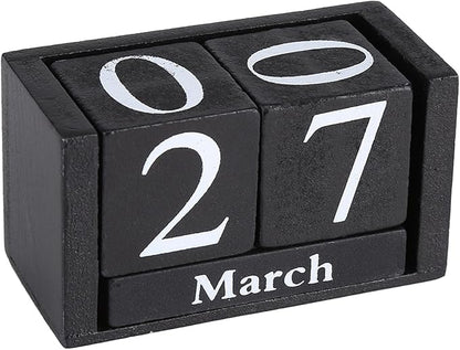 Perpetual Wooden Block Calendar, Desktop Vintage Style Mini Month Date Time Display, Home Office Decoration with 2pcs Dices, Blue, Black Wood with 12 Month Blocks (Black)