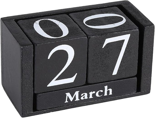 Wood Blocks Calendar, Wooden Desk Perpetual Calendar Vintage Month Date Number Display Cubes Wood Black Rustic Cute Decoration Calendar for Home Desktop Room Office Farmhouse