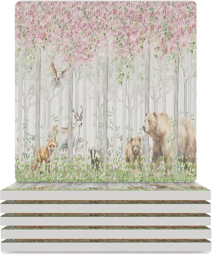 Forest Drink Coasters, Square Ceramic Drink Coaster Square-6PCS, Cartoon Nature Forest Flower Animal Bear, Deer, Fox, Rabbit Decor Absorbent Ceramic Coasters for Beverage Cup, Bar, Coffee Table