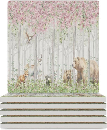 Forest Drink Coasters, Square Ceramic Drink Coaster Square-6PCS, Cartoon Nature Forest Flower Animal Bear, Deer, Fox, Rabbit Decor Absorbent Ceramic Coasters for Beverage Cup, Bar, Coffee Table