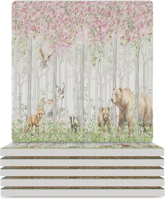 Forest Drink Coasters, Square Ceramic Drink Coaster Square-6PCS, Cartoon Nature Forest Flower Animal Bear, Deer, Fox, Rabbit Decor Absorbent Ceramic Coasters for Beverage Cup, Bar, Coffee Table