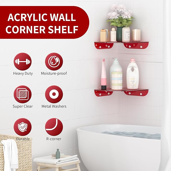 Sezanrpt 7x7 Inch Corner Shelf Wall Mount Set of 2, Red Acrylic Corner Floating Shelves, Corner Wall Organizer Shelf for Bathroom, Kitchen, Bedroom, Living Room, Dining Room, Office