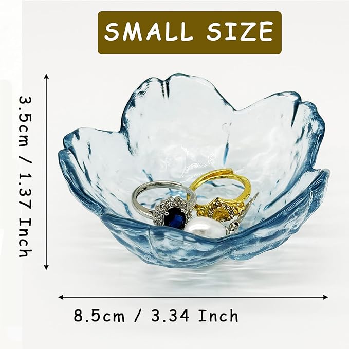 Flower Ring Dish Jewelry Tray, Glass Jewelry Dish Tray, Aesthetic Room Decor Small Trinket Dish, Nightstand Jewlery Ring Holder Dish, Bathroom Jewelry Plate Bowl for Rings Earrings Wife Gift (Blue)
