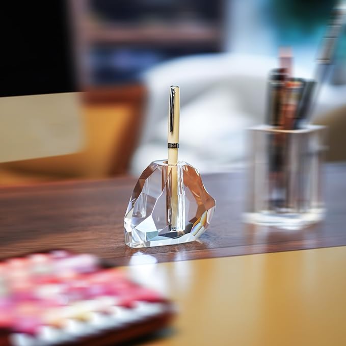 QFkris Crystal Heart Shaped Single Pen Holder for Desk, Glass Feather Pencil Holder for Office Desktop Decoration, 3.5" Fancy Fountain Pen Stand, Christmas Gift for Man