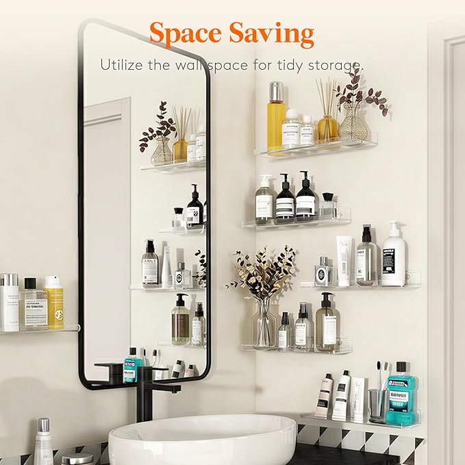 Lifewit Floating Shelves for Bathroom, 15" Acrylic Wall Organizer for Perfume, Makeup, Figures, Nail Polish, Photo, Book, Decor Display Rack for Nursery, Living Room, Bedroom, Kitchen, Clear, 8 Pack