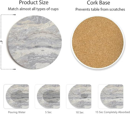 Set of 6 Light Gray Abstract Onyx Marble Coasters with Holder, Absorbent Ceramic Drink Coasters for Table Protection, Coffee Table Decor