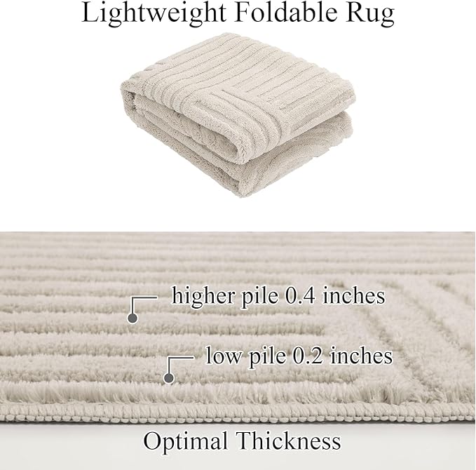 SHACOS Soft Cozy Fluffy Arch Pattern High-Low Pile Small Rug 2'x3' Non Slip Washable Textured Minimalist Area Rugs Modern Geometric Carpet for Bedroom Bathroom Kitchen, Beige