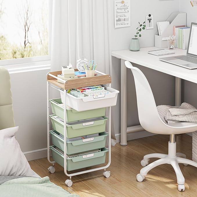Rolling Storage Utility Cart With 5 Drawers,Craft Cart with Wheels,Makeup Organizer,Art Supply And Storage Wooden Tabletop,Green