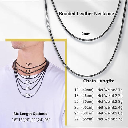 Leather Necklace Cord with Stainless Steel Clasp, Black/Brown Color Waterproof Wax Rope Chain 2mm 3mm Wide Braided Cord String Necklaces for Men Women 16"-30"