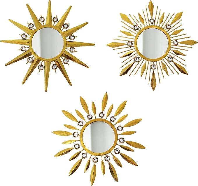 Champagne Gold Round Mirrors for Wall Art Pack of 3, Decorative Mirror Wall Christmas Decor& Vintage Room Decor, Sunburst Circle Mirrors Modern for Women & Moms
