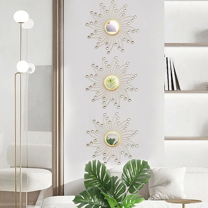 Uaussi 3 Pack Crystal Sunburst Wall Mirror Décor Rhinestone Mirrors Decorative Home Wall Art for Living Room Bedroom Entryway(Curle Burst Gold)