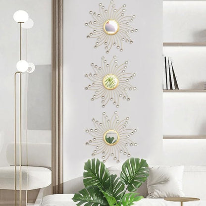 Uaussi 3 Pack Crystal Sunburst Wall Mirror Décor Rhinestone Mirrors Decorative Home Wall Art for Living Room Bedroom Entryway(Curle Burst Gold)