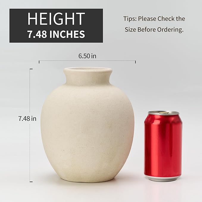 SIDUCAL Ceramic Decorative Flower Vase | 7.48 Inch Pottery Rustic Farmhouse Boho Vase for Home Decor, Table, Living Room, Bathroom, Coffee Desk, Shelf, Mantel Decoration, Wedding, White