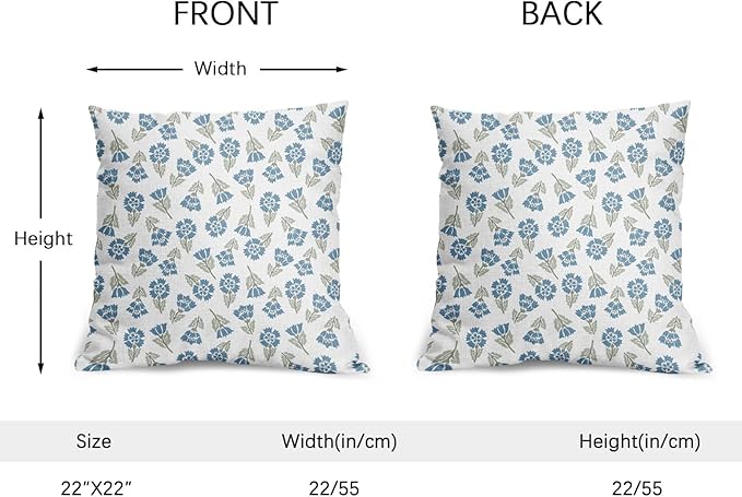 Blue Green Block Print Pillow Covers 22x22 Set of 2 Floral Spring Summer Flower Pattern Decorative Neutral Outdoor Throw Pillowcases Boho Cushion Cover Rustic Decoration Farmhouse Sofa Couch Bed Decor