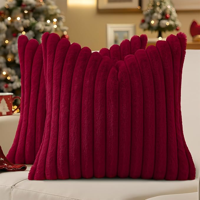 decorUhome Faux Fur Spring Throw Pillow Covers 20x20 Set of 2, Decorative Soft Plush Striped Neutral Couch Pillow Covers with Velvet Back for Sofa, Bed, Living Room Home, Burgundy